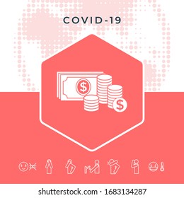 Pila de billetes y icono de la Pila de monedas con símbolo en dólares. Elementos gráficos para el diseño
