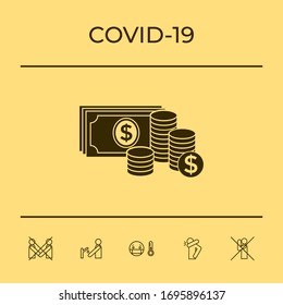 Pila de billetes y icono de la Pila de monedas con símbolo en dólares. Elementos gráficos para el diseño