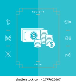 Money banknotes stack and Stack of coins icon with dollar symbol. Graphic elements for your design