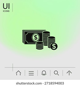 Pila de billetes de dinero y el icono de la pila de monedas con el símbolo del dólar, Elementos para su diseño