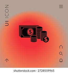Pila de billetes de dinero y el icono de la pila de monedas con el símbolo del dólar, Elementos para su diseño