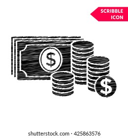 Money banknotes stack and Stack of coins icon with dollar symbol. Scribble icon for you design.
