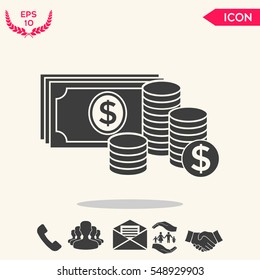 Money banknotes stack and Stack of coins icon with dollar symbol