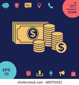 Money banknotes stack and Stack of coins icon with dollar symbol