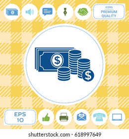 Money banknotes stack and Stack of coins icon with dollar symbol
