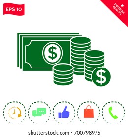 Money banknotes stack and Stack of coins icon with dollar symbol