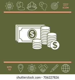 Money banknotes stack and Stack of coins icon with dollar symbol