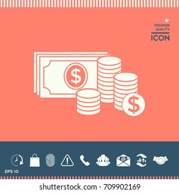 Money banknotes stack and Stack of coins icon with dollar symbol