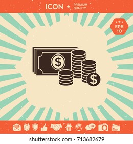 Money banknotes stack and Stack of coins icon with dollar symbol