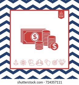 Money banknotes stack and Stack of coins icon with dollar symbol