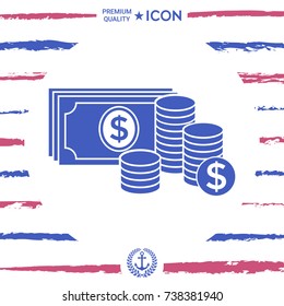 Money banknotes stack and Stack of coins icon with dollar symbol