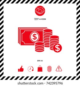 Money banknotes stack and Stack of coins icon with dollar symbol