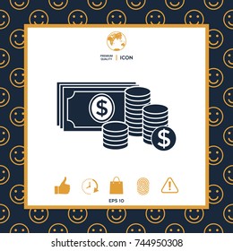 Money banknotes stack and Stack of coins icon with dollar symbol