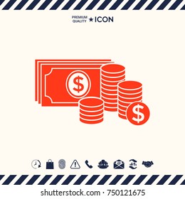 Money banknotes stack and Stack of coins icon with dollar symbol