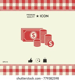 Money banknotes stack and Stack of coins icon with dollar symbol