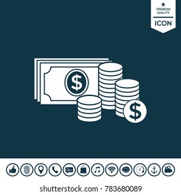 Money banknotes stack and Stack of coins icon with dollar symbol