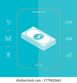 Los billetes se apilan con un icono isométrico en dólares. Elementos gráficos para su diseño