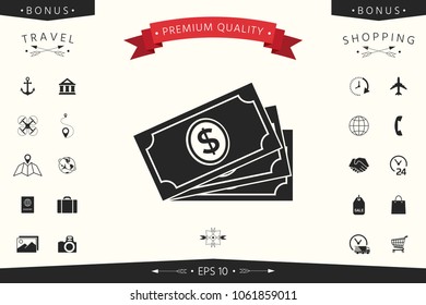 Money banknotes stack with dollar symbol, icon