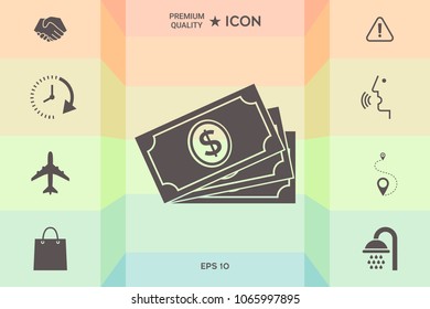 Money banknotes stack with dollar symbol, icon