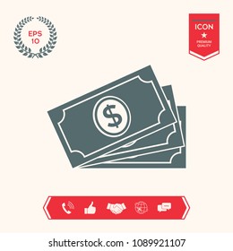 Money banknotes stack with dollar symbol, icon