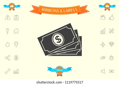 Money banknotes stack with dollar symbol, icon