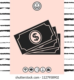 Money banknotes stack with dollar symbol, icon