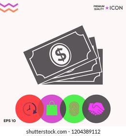 Money banknotes stack with dollar symbol, icon