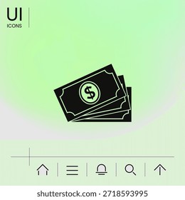 Los billetes de dinero se apilan con el símbolo del dólar, icono, Elementos para su diseño