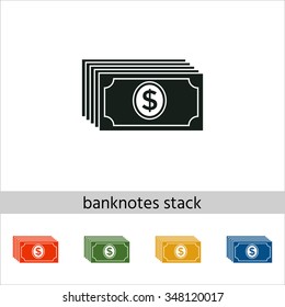 Money banknotes stack. Set of varicolored icons.