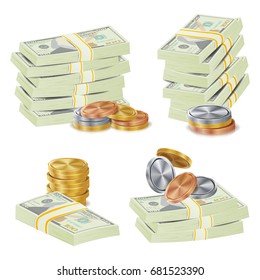 Money Banknotes Stacks Vector. 3D Cash, Gold Coins, Banknotes Piles Illustration