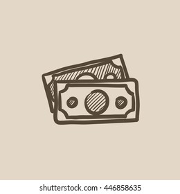 Icono de boceto vectorial de los billetes de dinero aislado en segundo plano. Icono de billetes de dinero de mano. Los billetes de banco esbozan un icono para infografía, sitio web o aplicación.
