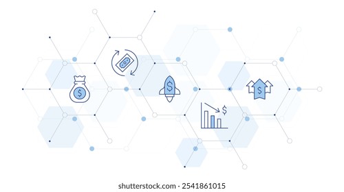 Money Banner Vector Illustration with Icon Style in Between. Line Duotone icon. Containing income, rocket, money, money loss, money bag.