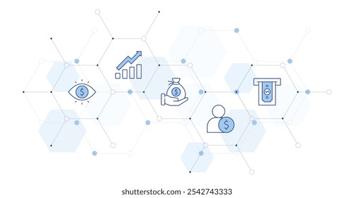 Money Banner Vector Illustration with Icon Style in Between. Line Duotone icon. Containing taking cash, salary, employee, eye, increase.
