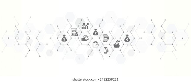 ilustración vectorial de banner de dinero con los iconos del sitio web y el símbolo de la cartera financiera moneda banca crédito concepto de negocio