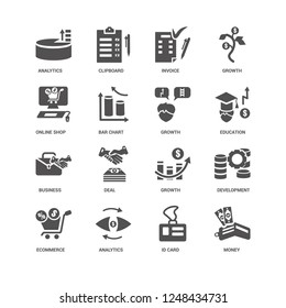 Money, Bar chart, Analytics, Clipboard, Development, Growth, Deal, Id card icon 16 set EPS 10 vector format. Icons optimized for both large and small resolutions.
