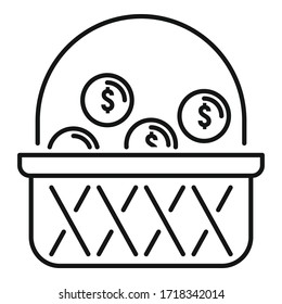 Icono de la canasta de dinero. Icono de vector de la cesta de dinero de esquema para diseño web aislado en fondo blanco