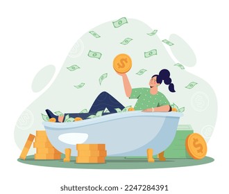 Money bath concept. Woman lies with gold coin in hand. financial literacy and passive income. Poster or banner for website. Successful Entrepreneur os businesswoman. Cartoon flat vector illustration