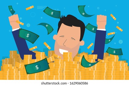 Money bath - man swimming in money, happy millionaire taking a swim in cash. Money flying around, big smile on his face. Rich, winner, billionaire, happiness concept. Vector illustration.