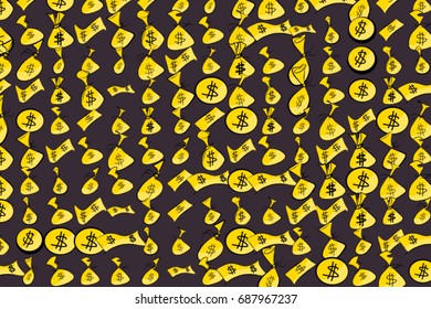 The money begs, bank notes & coin illustrations background abstract, hand drawn. Cartoon style vector graphic.