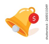 Money with bell denoting payment reminder 3d icon