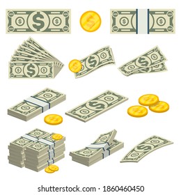 Money bill bundles and coins set. Isolated dollar banknote cash stack icons. Business, finance, wealth vector illustration