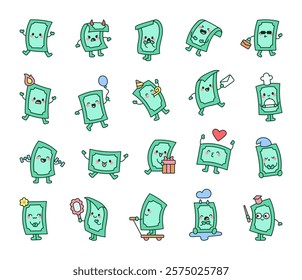 Money bill cartoon character set with various emotions, accessories, adorable expressions, and cheerful poses in cute kawaii style illustration for creative and delightful microstock projects