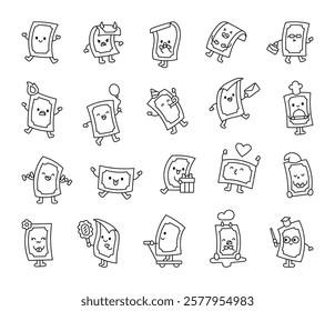 Money bill cartoon character set with various emotions, accessories, adorable expressions, and cheerful poses in cute kawaii style illustration for creative and delightful microstock projects