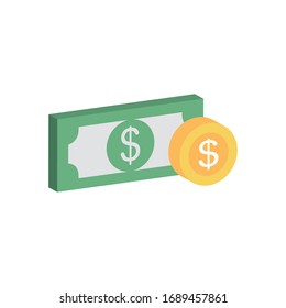 money bill and coin icon over white background, flat style, vector illustration