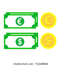 Money bill and coin icons. Simple currency banknotes and golden coins isolated on white background. Flat vector illustration for design element, infographics, poster, template, banner, web, app.