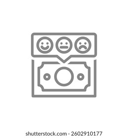 Money bill with emotions in chat bubble line icon. Exchange of money for emotions symbol. Vector illustration.
