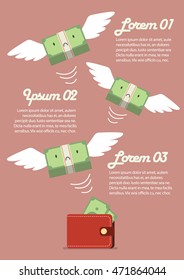 Money bill flying out of wallet infographic. Business concept