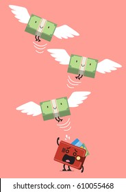 Money Bill Flying Out Of Wallet Character. Business Concept