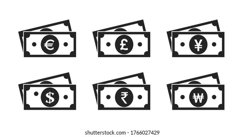 money bill icon set. dollar, euro, british pound sterling, japanese yen, indian rupee and korean won money. financial and banking infographic design element