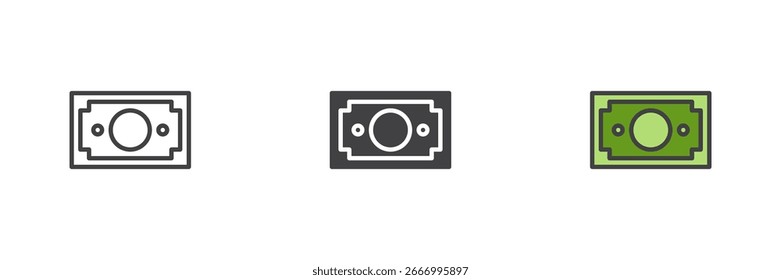 Icono de la cuenta del dinero fijado en tres estilos diferentes. Línea de contorno, glifo sólido y versión de contorno lleno de colores. Ilustración de símbolo de finanzas de inicio de negocio de Vector.